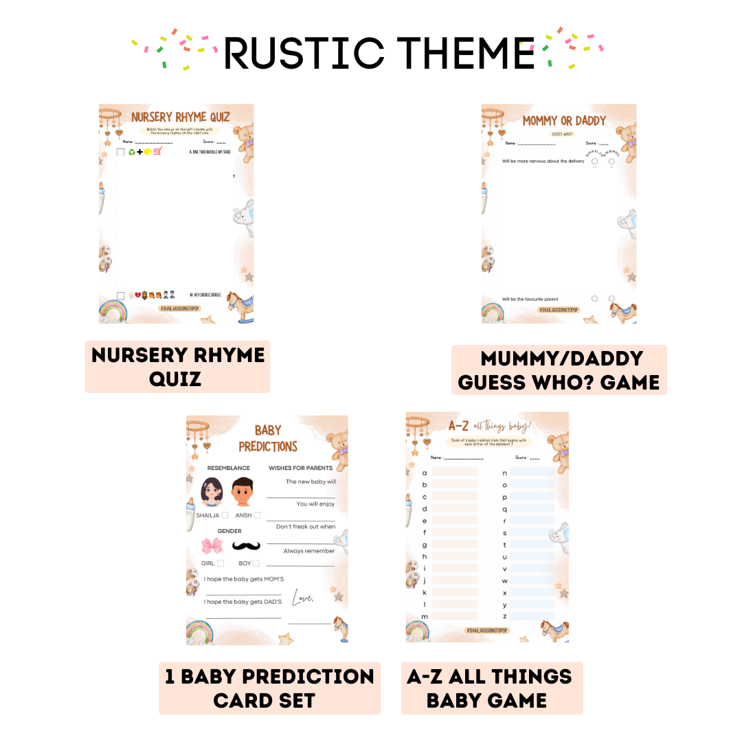 Rustic Baby Nursery Theme Baby Shower Games Bundle (Pack Of 4 Games)