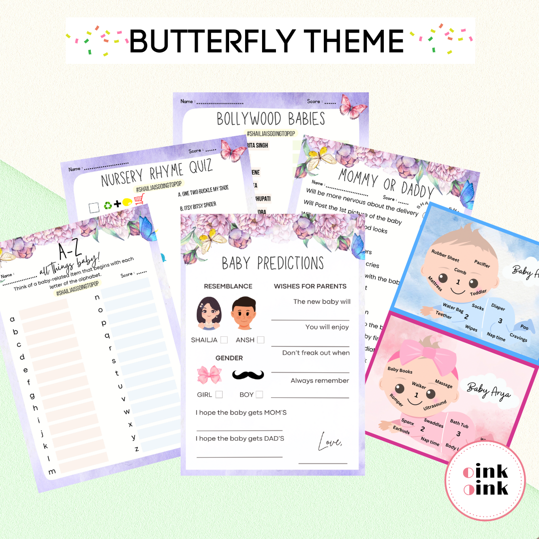 Butterfly Theme Baby Shower Games Bundle (Pack Of 6 Games)