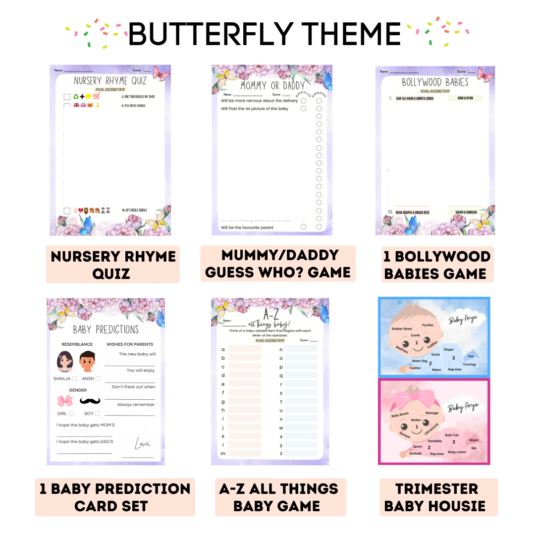 Butterfly Theme Baby Shower Games Bundle (Pack Of 6 Games)
