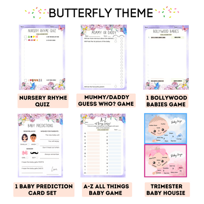 Butterfly Theme Baby Shower Games Bundle (Pack Of 6 Games)