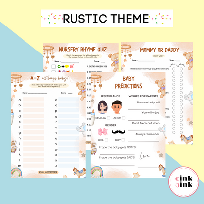 Rustic Baby Nursery Theme Baby Shower Games Bundle (Pack Of 4 Games)