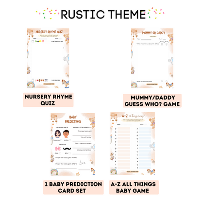 Rustic Baby Nursery Theme Baby Shower Games Bundle (Pack Of 4 Games)