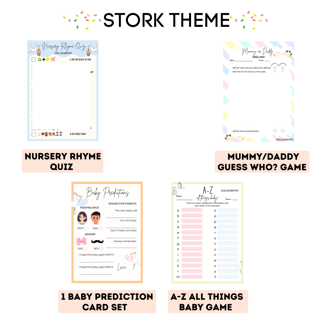 Stork Theme Baby Shower Games Bundle (Pack Of 4 Games)