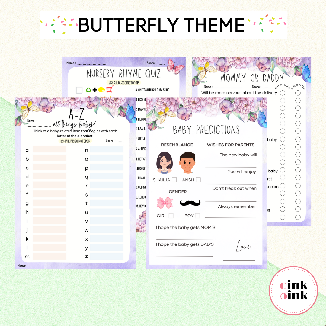 Butterfly Theme Baby Shower Games Bundle (Pack Of 4 Games)