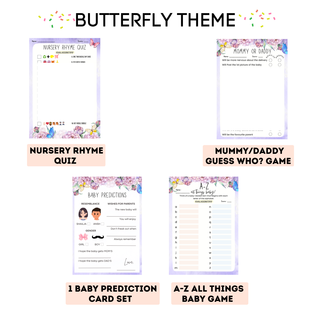 Butterfly Theme Baby Shower Games Bundle (Pack Of 4 Games)